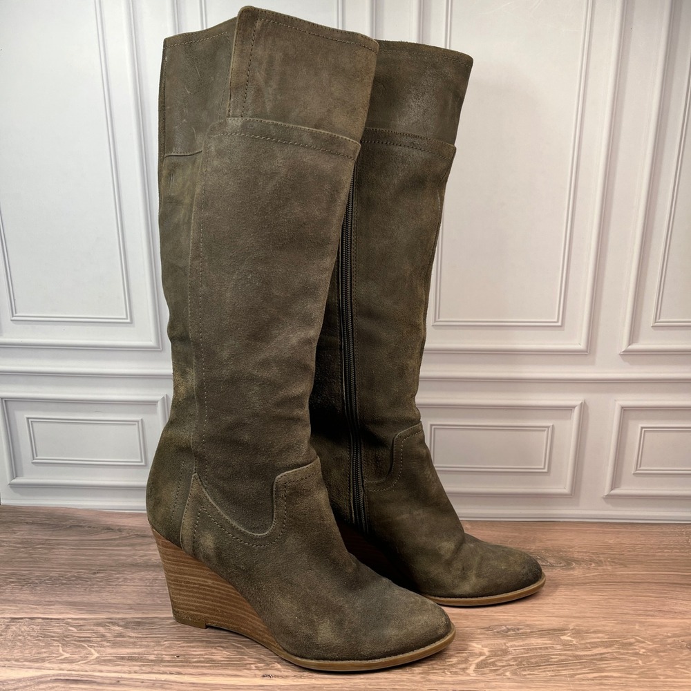 Franco Sarto Lara Wedge Boots Womens Olive Green Suede Knee High Side Zip 9